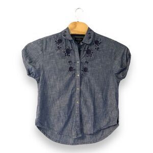 Lucky Brand Womens Embroidered Blouse Button Down Top Short Sleeve Blue Small